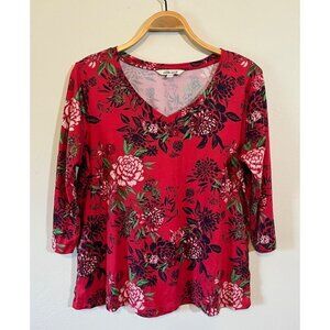 The Pioneer Woman 3/4 Sleeve V-Neck Shirt Blouse Floral Medium Red Stretch